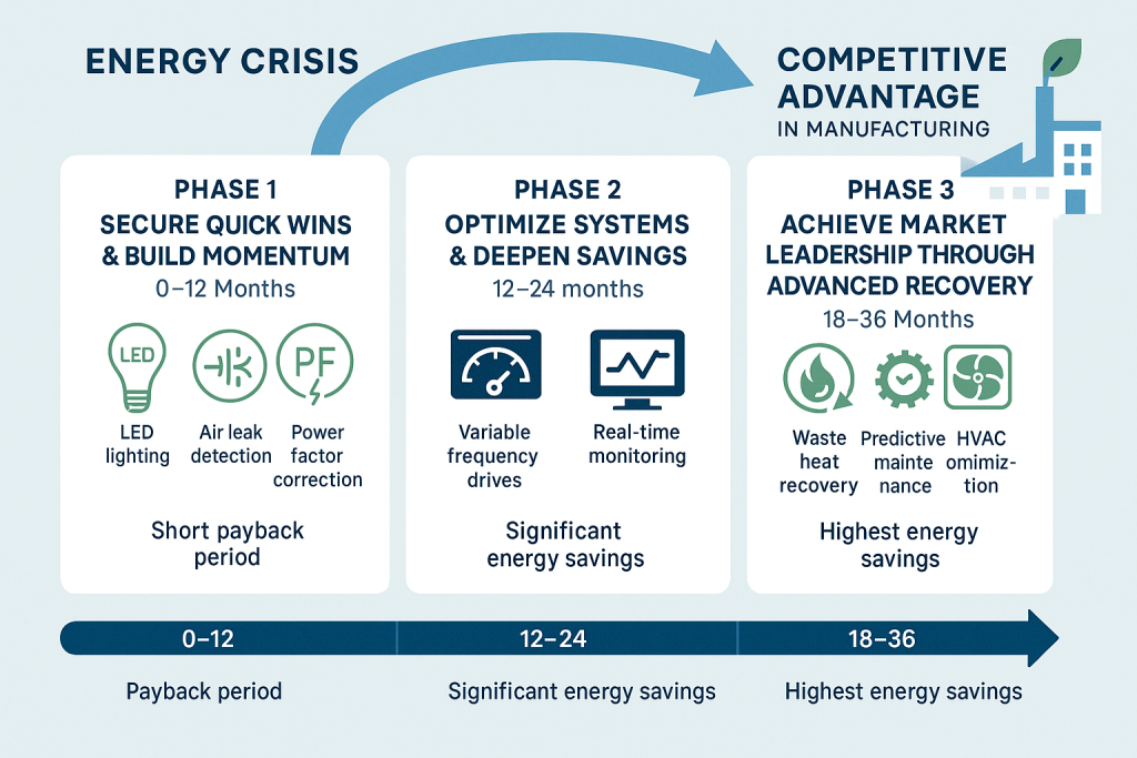 An image illustrating the roadmap for transitioning from an energy crisis to achieving a competitive advantage in the manufacturing industry, detailing phases and strategies for implementation.