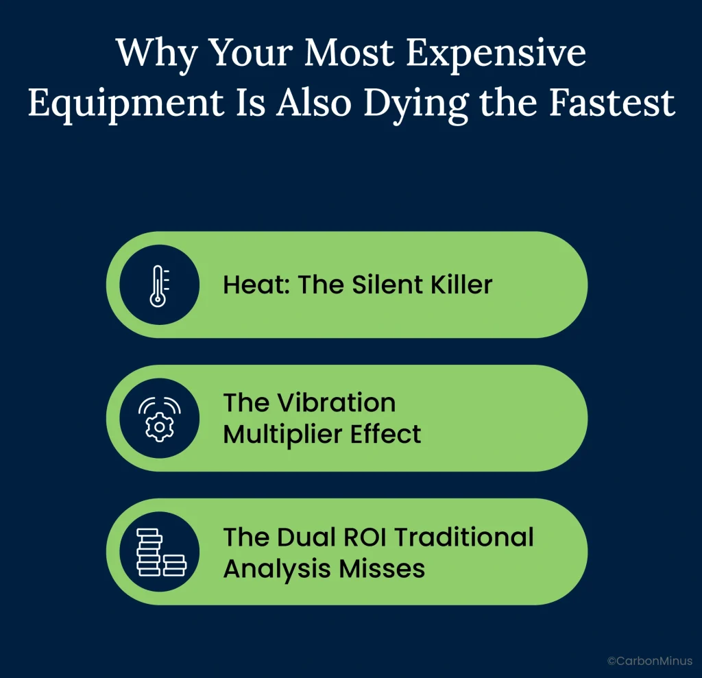 Three reasons expensive equipment fails faster: excessive heat causing 55% of failures, vibration multiplier effect extending bearing life 300%, and dual ROI traditional analysis misses