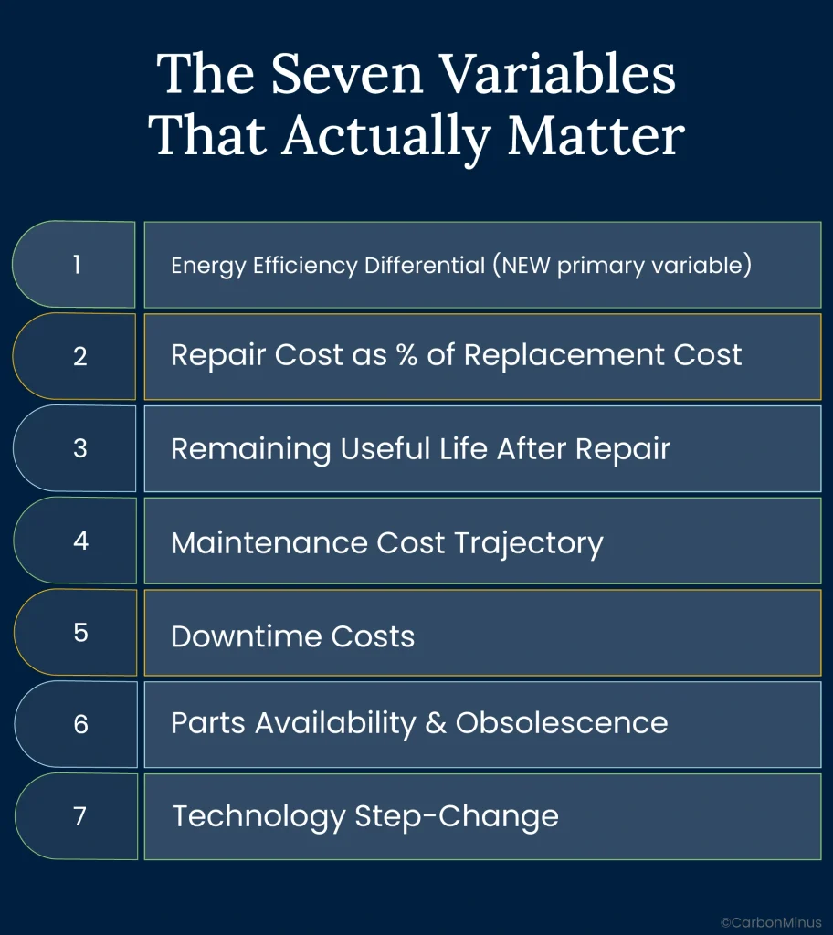 Seven critical variables for manufacturing equipment replacement decisions ranked by financial impact with energy efficiency differential as primary factor