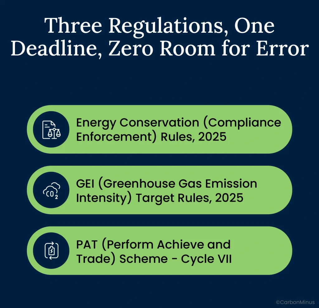 Three converging Indian energy regulations 2025: Energy Conservation Compliance Enforcement Rules, GEI Greenhouse Gas Emission Intensity Target Rules, and PAT Perform Achieve Trade Scheme Cycle VII for manufacturing compliance