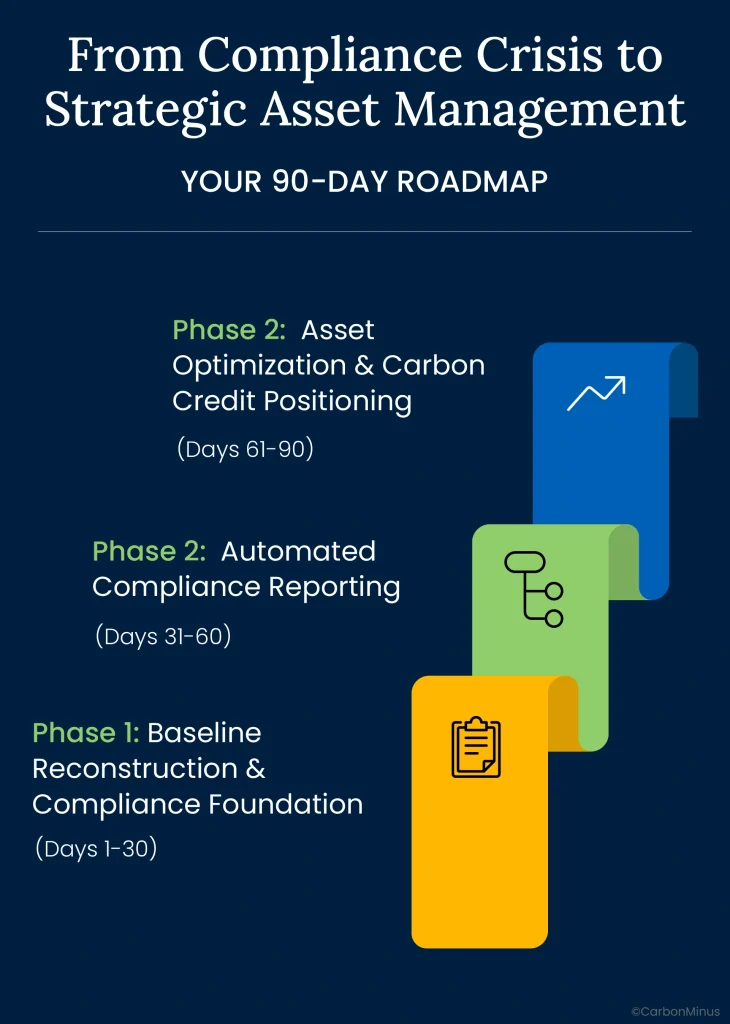 90-day compliance roadmap infographic showing three phases: baseline reconstruction days 1-30, automated compliance reporting days 31-60, and asset optimization carbon credit positioning days 61-90