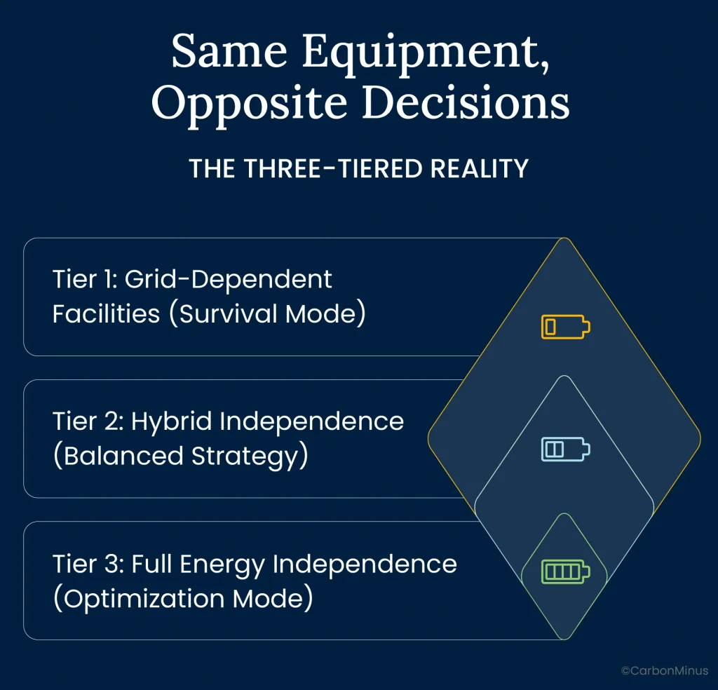 Puerto Rico manufacturing three-tiered energy independence framework: Tier 1 grid-dependent survival mode, Tier 2 hybrid independence balanced strategy, and Tier 3 full energy independence optimization mode with battery icons